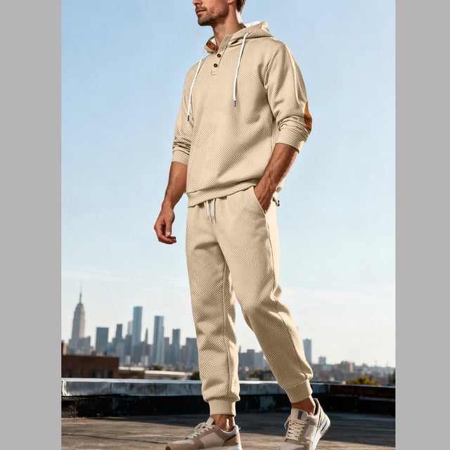 Men's Casual Solid Color Tracksuit Long Sleeve Hooded Button Front Top Drawstring Elastic Waist Pants Outwear Jackets Sets