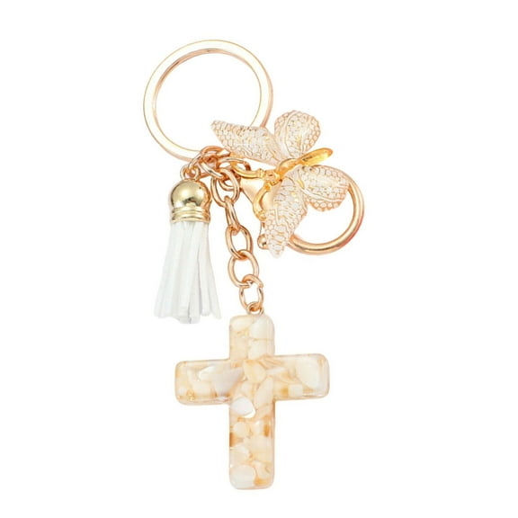 Stylish Resins Crosses and Butterfly Christian Keychain with Tassels for Women Unique Bag Charm Accessories Key Ornament