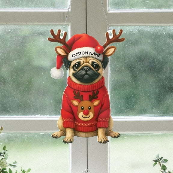 Lotusprinthandmade Custom Name Pug Lovers Christmas Custom Shape Window Hanging Acrylic Ornament (4x4), pug dog christmas ornament