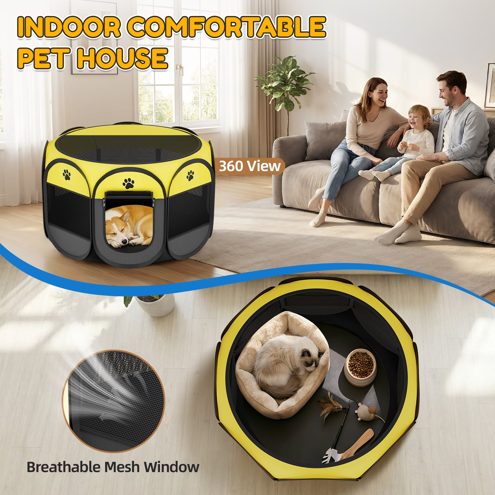 Pet Playpen for Small Animal Indoor Cats Enclosed, Pop up Dog Playpen Outdoor Tent Crate Cage with Locking Zipper Top Cover Door for Puppy Kitten Tent-Small