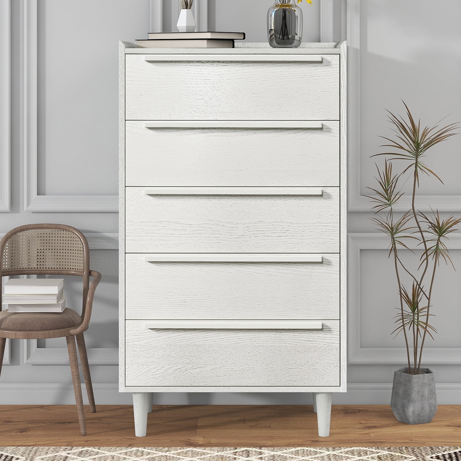 Kadyn MDF Side Table, Modern Style Nightstand with 5-Drawer and Wood Legs, Bedside End Table for Bedroom, White