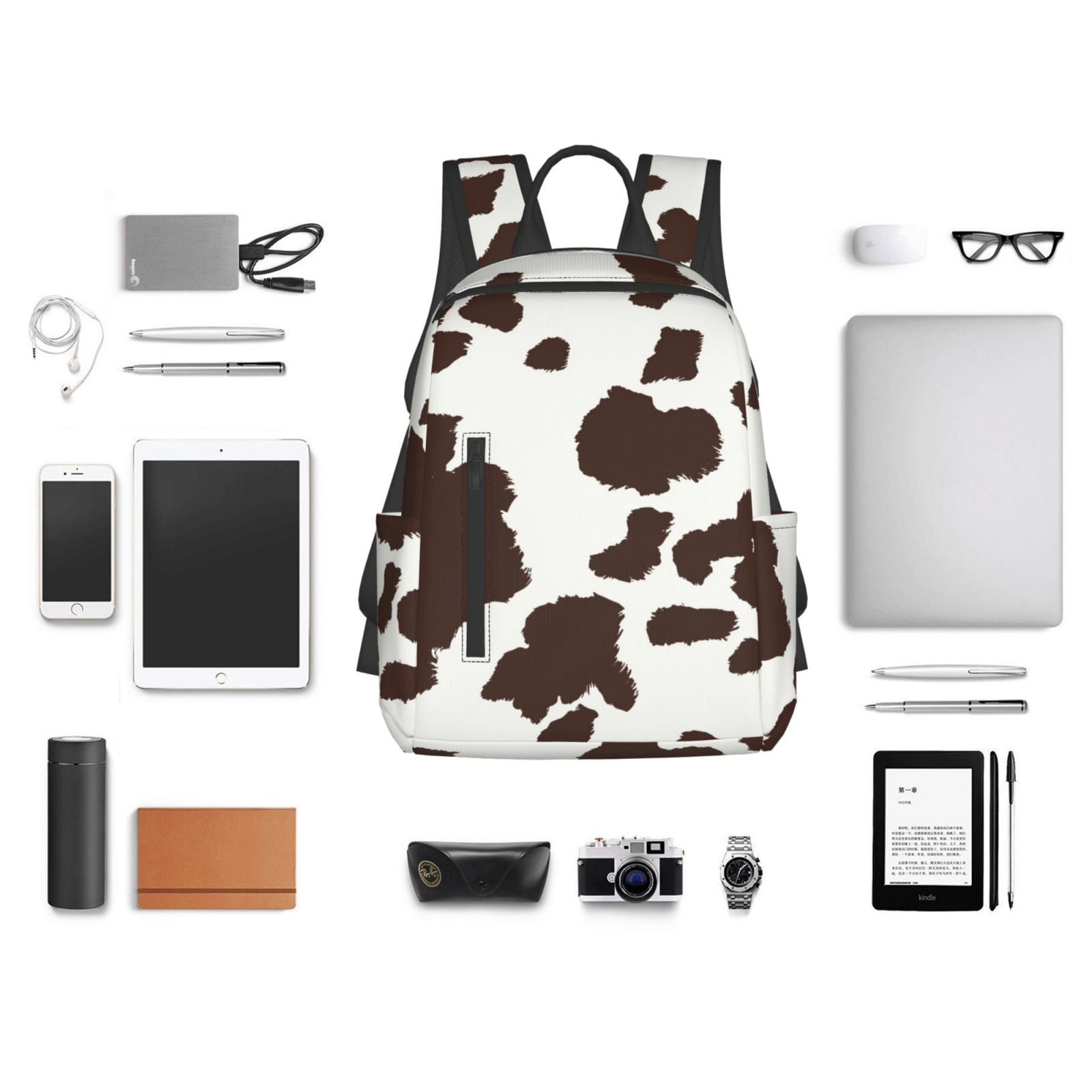 Xecao Brown Cow print Backpack For women men Aesthetic Lightweight Travel Daypack Simple Cute Backpack For Bookbag
