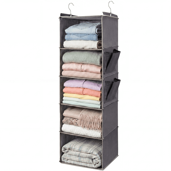 5-Tier Hanging Closet Organizer with 2 Side Pockets, Foldable Heavy Duty Storage for Clothes Shoes, Space Saving Grey