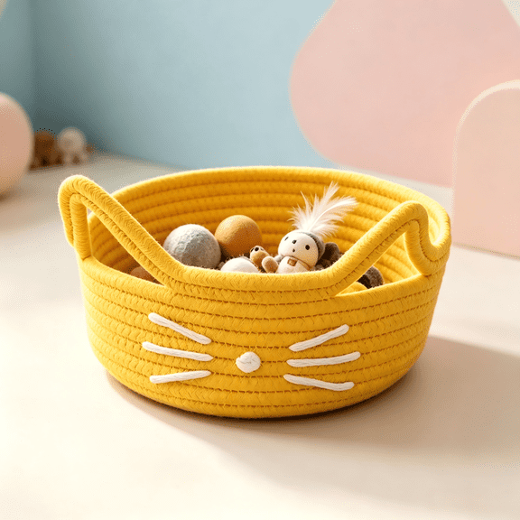 Cat Toy Basket Woven Organizer with Ears ,for Cat Dog Toy Bin Room , Cartoon Cat Woven Basket For Bedroom(Yellow)