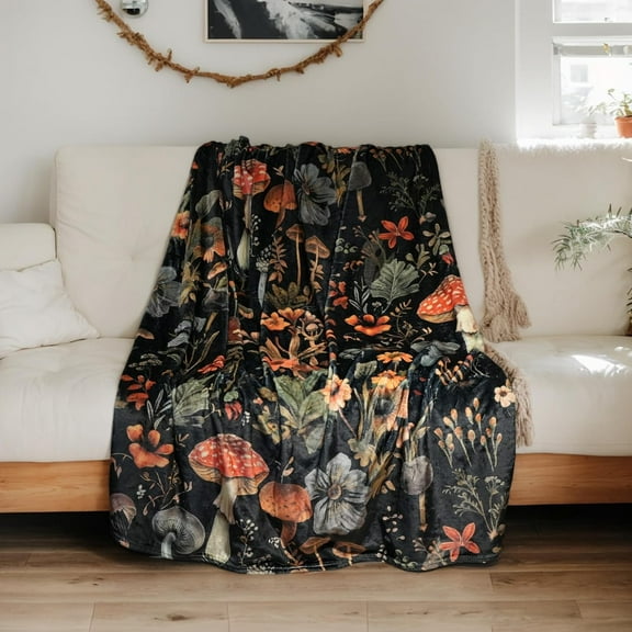Mushroom Throw Blanket, Cute Fluffy Cozy Blanket for Couch or Bed, Soft Small Blanket Gift for Women, Kids, Black 40x50 inches