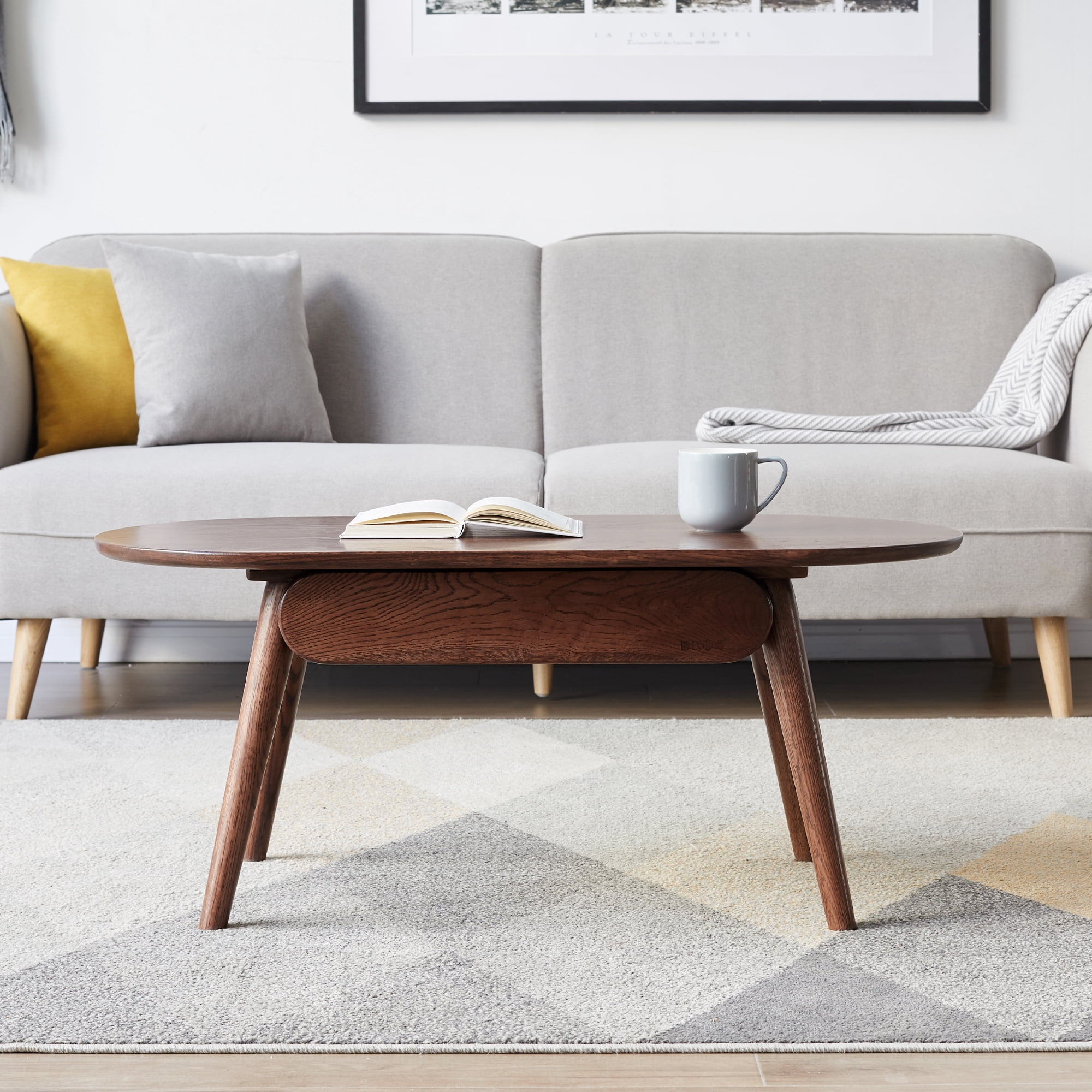 MAYEERTY Capsule Solid Oak Coffee Table with Storage Drawers – Modern Oval Center Table for Living Room & Home Office