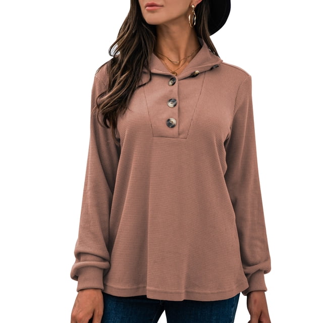 Moda mujer polo camisa abotonada con cuello en v manga larga pulóver sudadera suelta camisa casual t Abanopi Beige/Pequeña