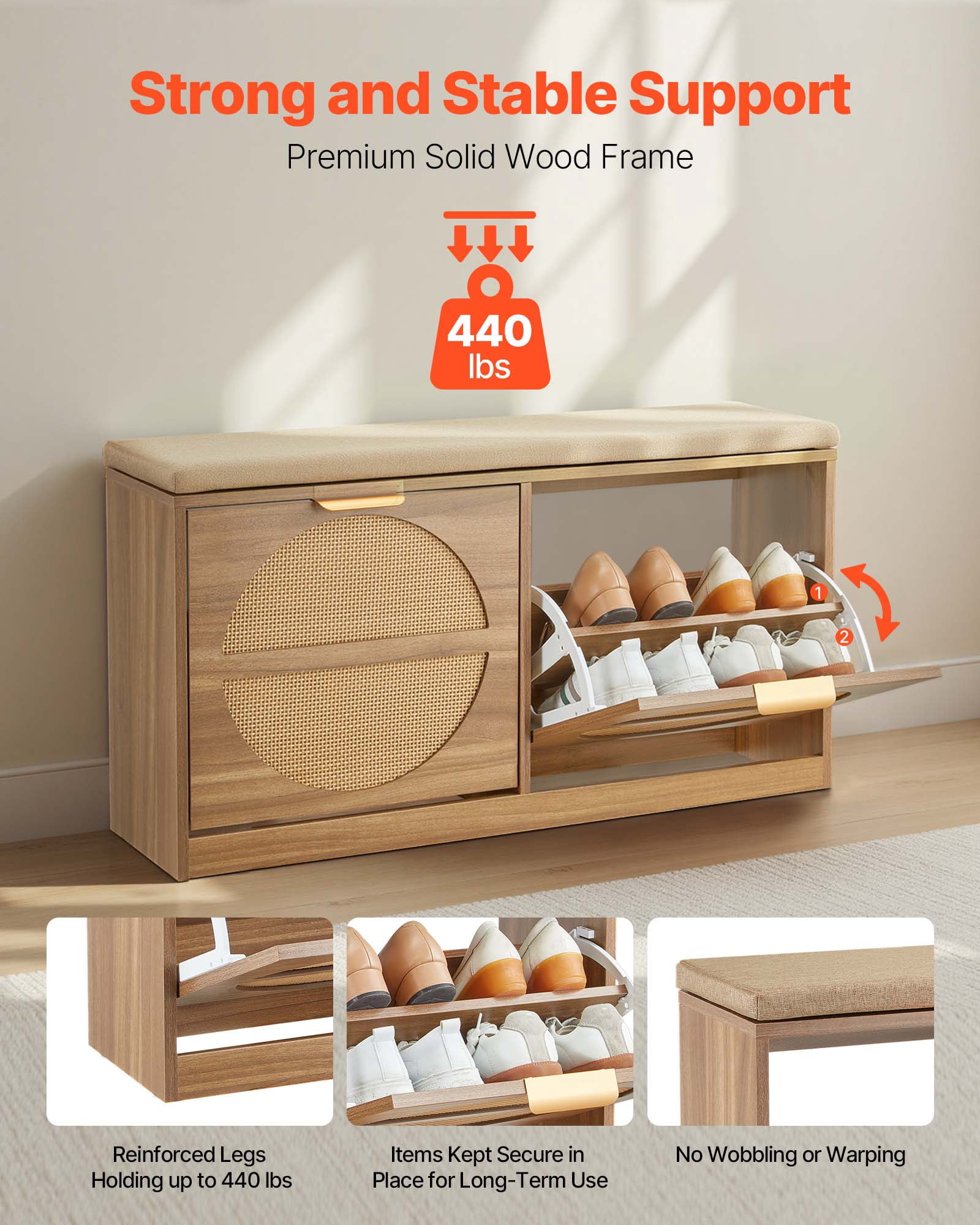 VEVOR Entryway Shoe Bench, 38.9 x 9.4 x 19.7 Inch Rattan-Like Shoes Bench with Flip Drawers, 440lbs Shoe Storage Rack with Cushion, 4 Compartments and Rattan Doors, for Hallway, Living Room, Bedroom