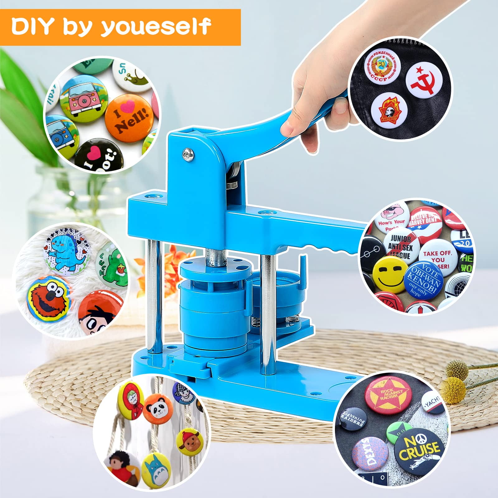 Maxmartt DIY Button Maker Machine Multiple Sizes 300Pcs,Pin Badge 1+1.25+2.25" (Blue, 25/32/58mm)