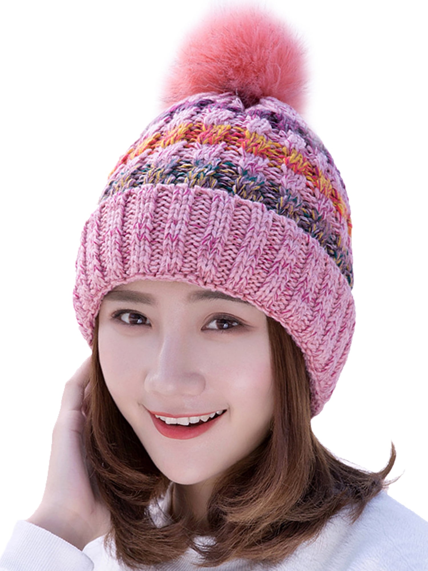 HATOOZE Beanie Hat Winter Knit Hat for Women Girls Double Layer Fleece Lining Bobble Hat with Detachable Faux Fur Pom Pom
