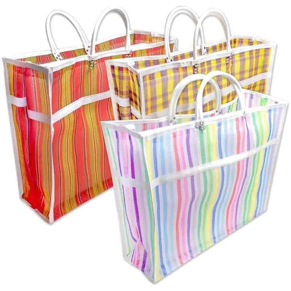 3 Bolsas Con Fuelle para Compras, Malla de Alta Resistencia Reforzada con Ribete, Reutilizables y Ecologicas en Colores Surtidos