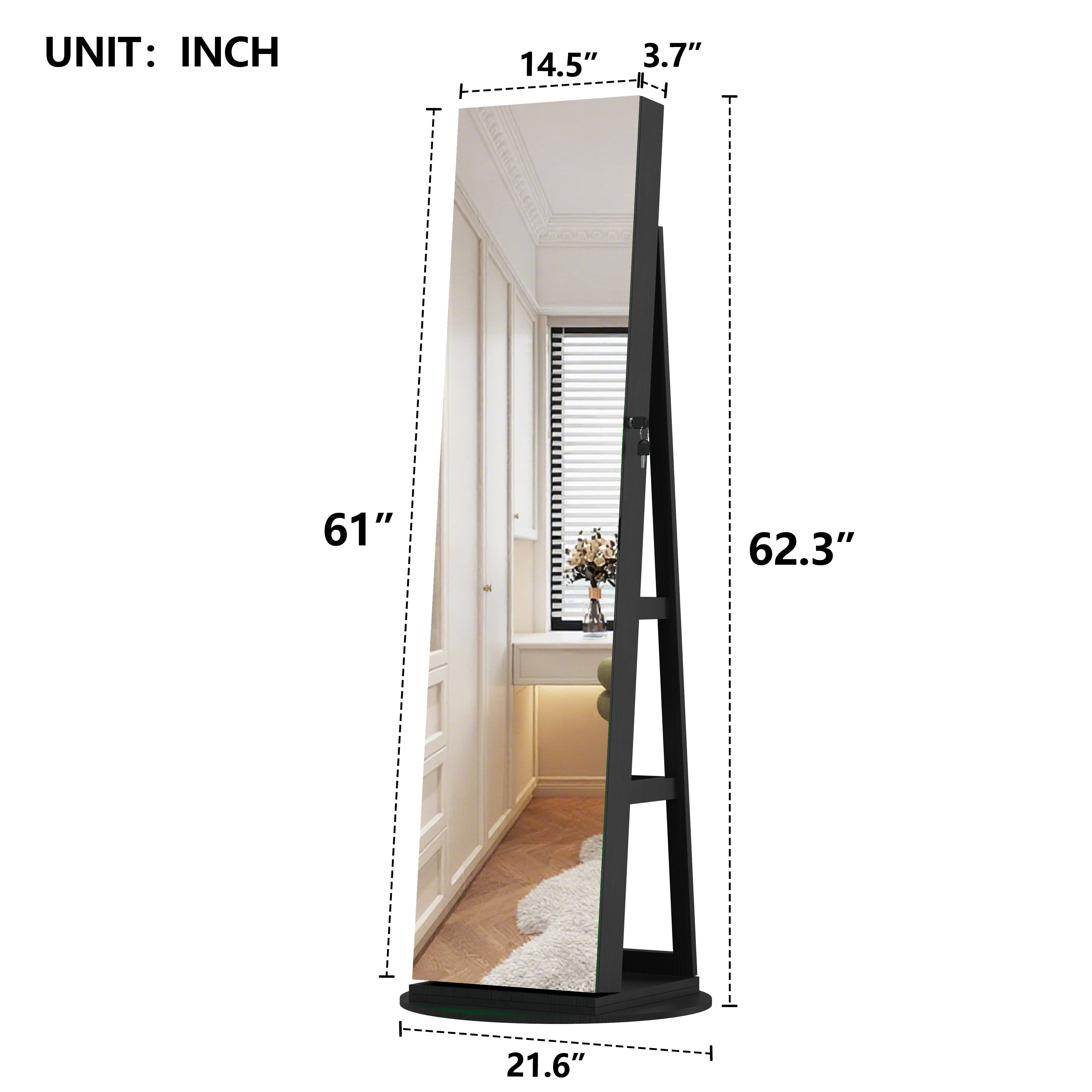 Jewelry Cabinet, Rotating Jewelry Armoire, Full Length Mirror with 360° Swivel Base, Lockable Storage, 30 Necklace Hooks, Ring Slots, Acrylic Shelf, Black for Bedroom Closet Dressing Room