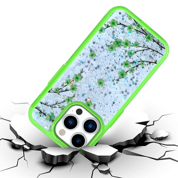 For iPhone 14 PRO Case Floral Epoxy Glitter Colorful Frame Hybrid Phone Cover