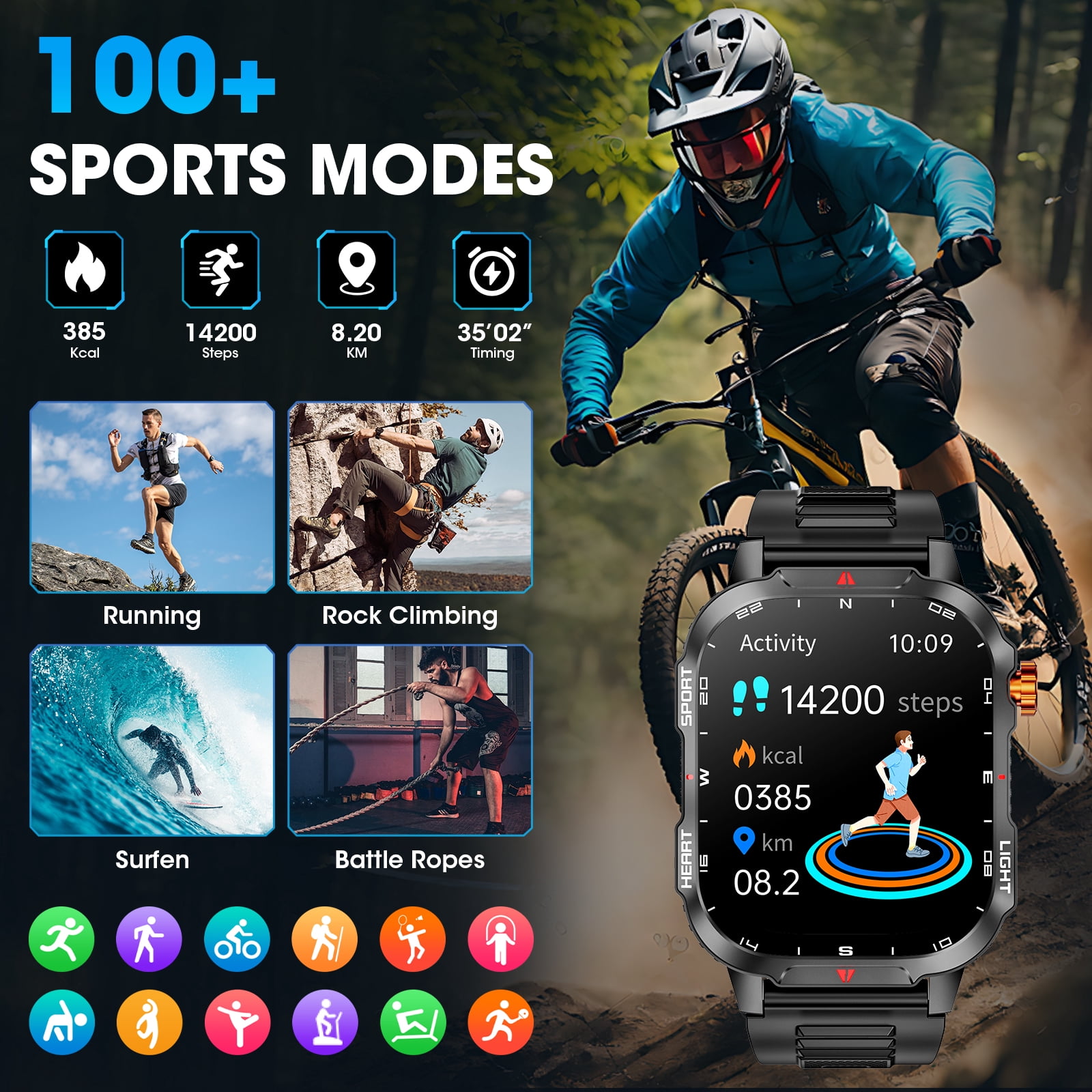 Haulvean Military Smart Watch for Men, 2.01-inch 1100mA Fitness Tracker Smartwatch, fits for Android and Iphone Devices IP68, with Answer/Make Calls/100+ Sport Modes (Black)