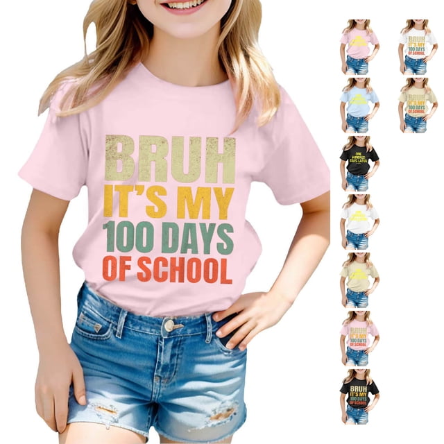 SUXIAN T-Shirts pour Enfants Mode Décontractée Imprimé Col Rond Ample Manches Courtes T-Shirt Haut Col Rond Hauts pour Filles Rose_002 12-13 Ans