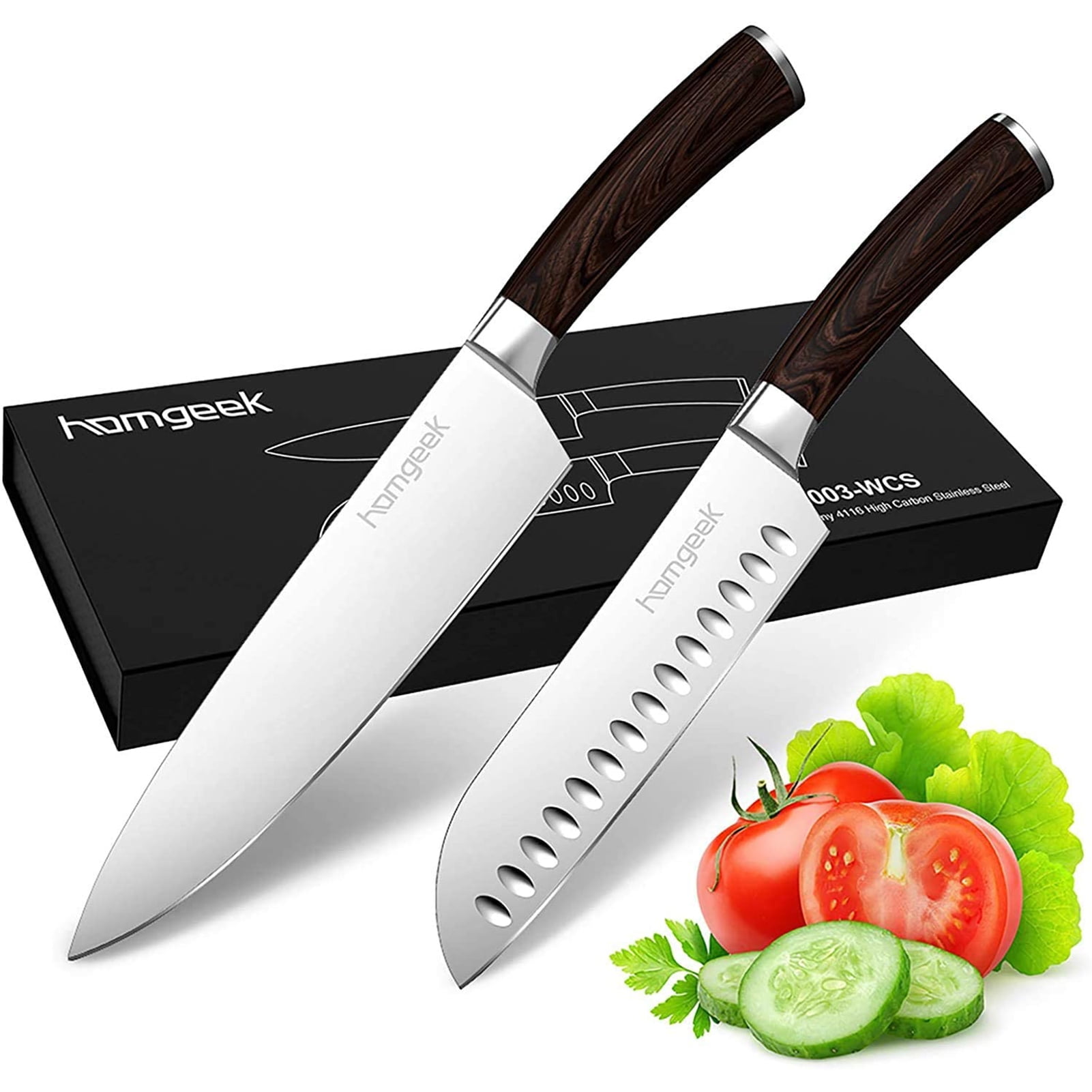 Homgeek 2-Piece Never Needs Sharpening Triple Rivet High-Carbon Stainless Steel Knife Block and Kitchen Tool Set -  Fruit Knife, Chef's Knife &  Santoku Knife (Black)