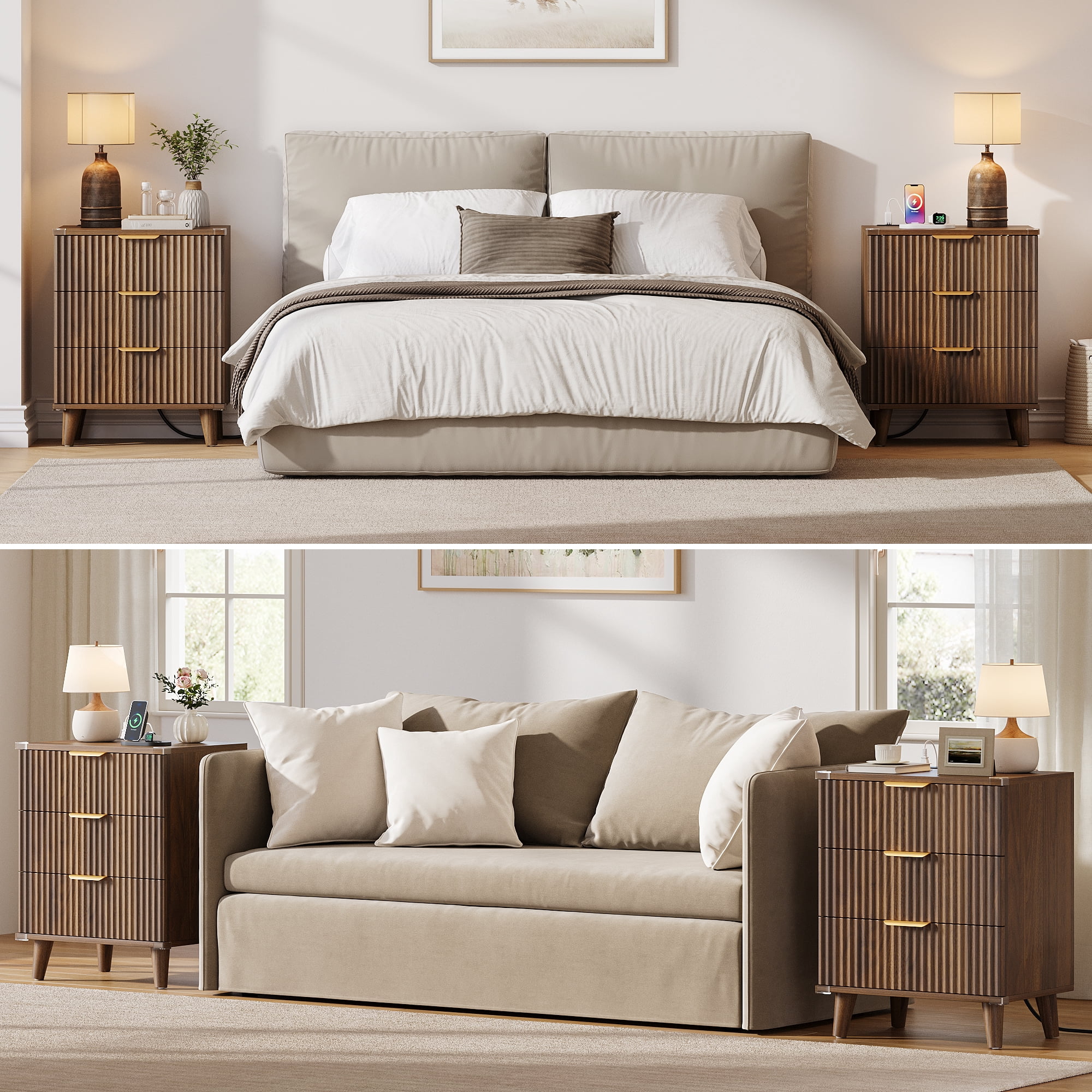 Aufeile Nightstand with Charging Station, 3 Drawer Nightstand for Bedroom, Fluted Bedside Table with USB Ports, Modern Wood Bedroom Side Table with Drawers, Walnut