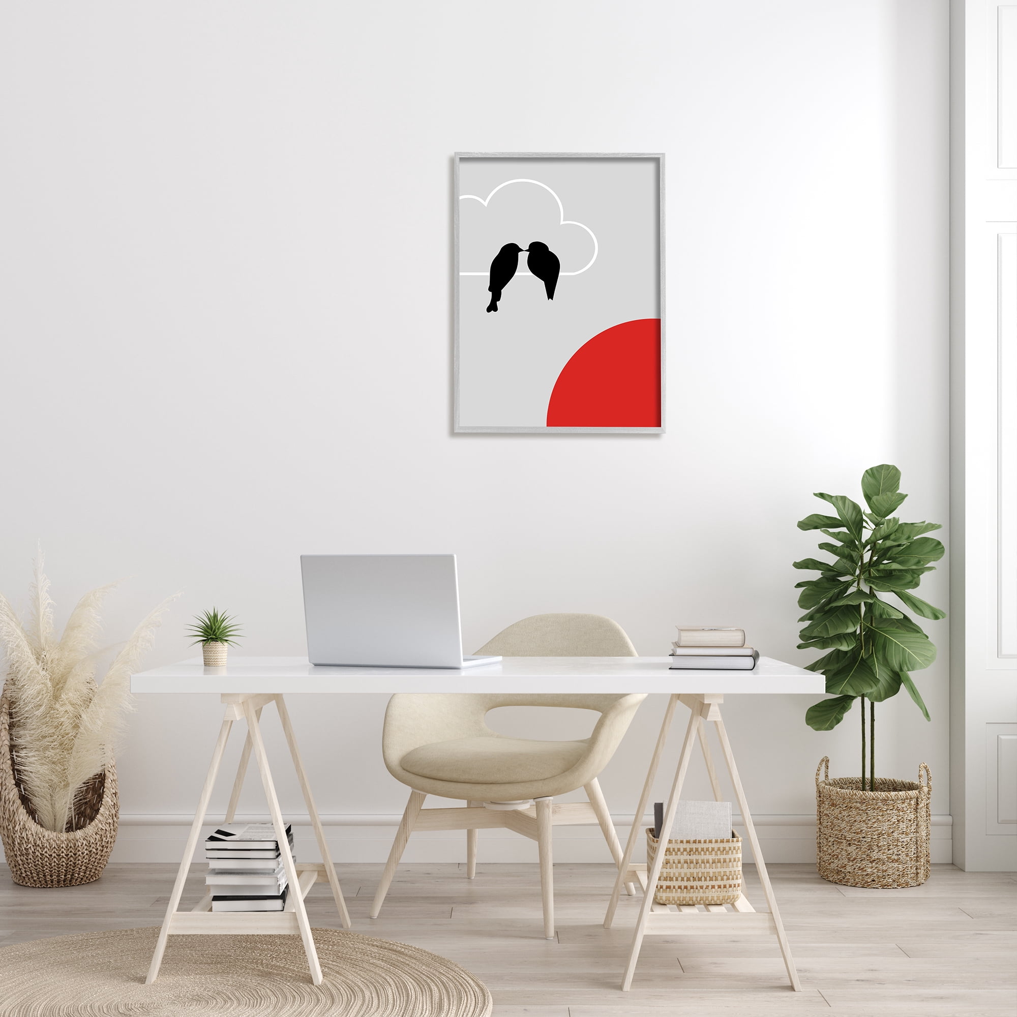 Stupell Industries Pair of Birds Kissing at Sunset Modern Cloud Animals & Insects Painting Gray Framed Art Print Wall Art, 24 x 30