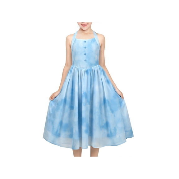Girls Dress Sky Blue Tie Dye Halter Ruffle Pleated Summer Party Holiday 6 Years