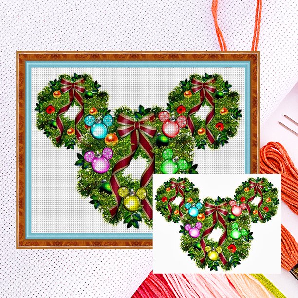 Hilo Algodón Bordado Punto Cruz Con Cabeza Mickey Navideña 14 Quilates 50x40cm