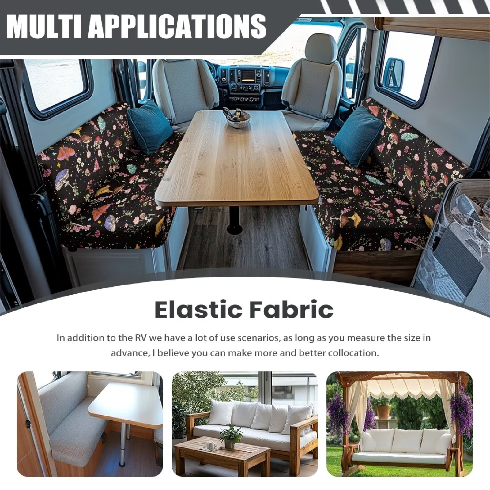 XYZCANDO Boho Style Mushroom Flower RV Dinette Cushion Covers Universal RV Accessories Outdoor Travel Use Comfortable Bench Cushion Stretchable Couch Cover 2 Cushion Sofa Washable Sofa Cover Gifts