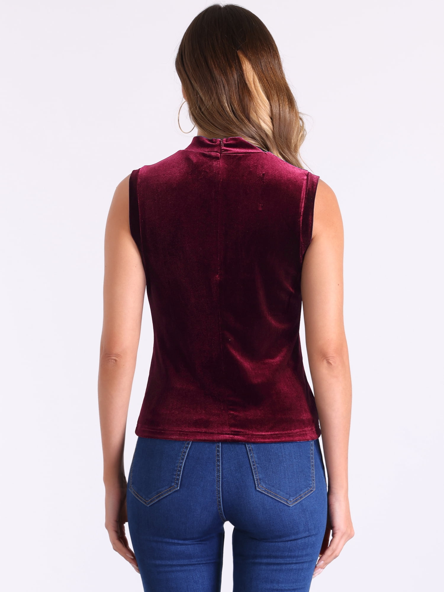 DARING DIVA Women Velvet Sleeveless Mock Neck Tank Tops Shirts M Wine Red