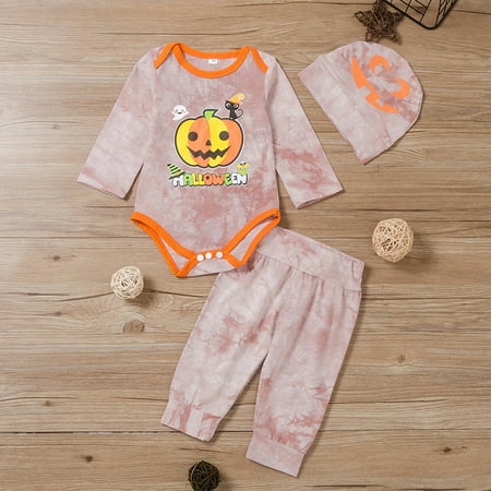 

Leutsin Newborn Infant Baby Halloween Tie-Dye Print Romper Tops +Tie-Dye Pants+Hat Set