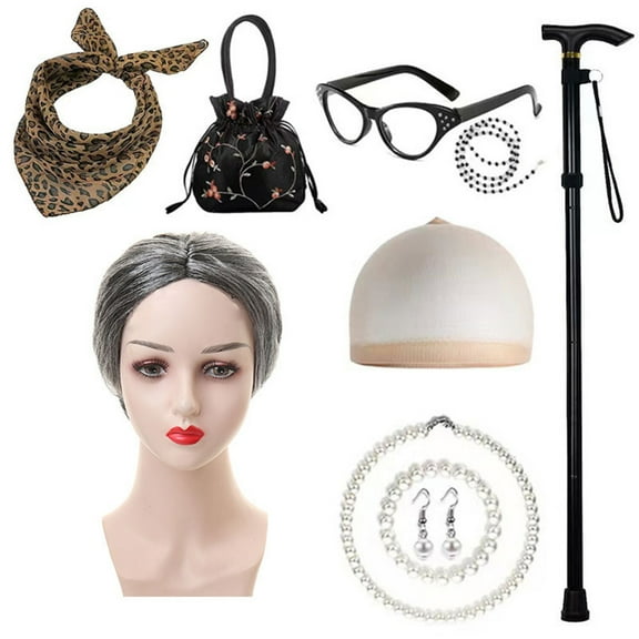 Old Lady Wig Accessories Old Women Grandma Granny Costume for Halloween Cosplay 100 Days of School