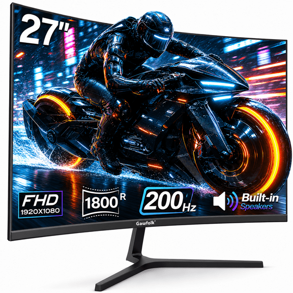 Gawfolk 27" Gaming Monitor, 200Hz FHD 1080p, 1800R Curved, AMD FreeSync, Speakers, Black