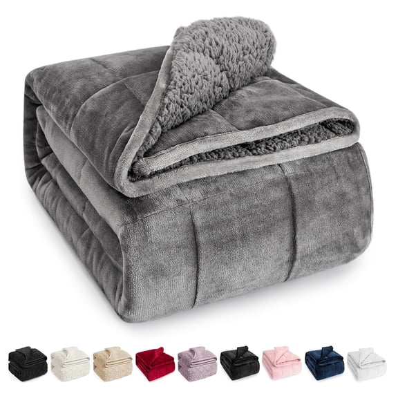 Dual Sided Heavy Blanket 15 lbs, Sherpa Fleece and Plush Flannel Top, Cozy Weighted Throw Blanket for Better Sleep, Grey