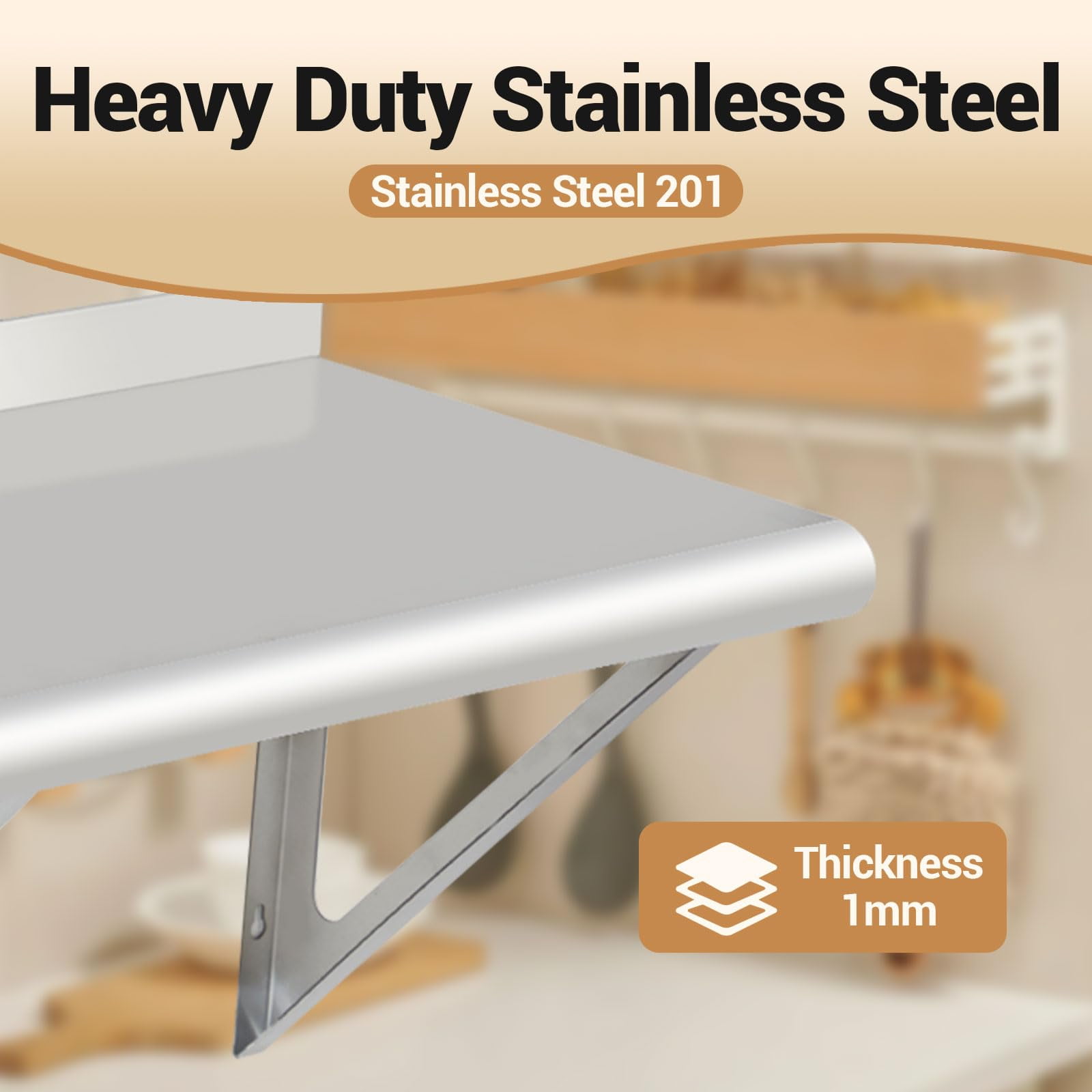Accreate Stainless Steel Wall Shelf,Commercial Wall-Mounted Rack with Backsplash and Two Brackets,Heavy-Duty Metal Shelving for Kitchen,Restaurant,Garage,Laundry & Utility Rooms