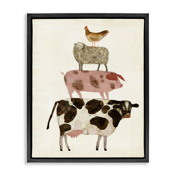 Stupell Industries Cow Sheep Pig and Chicken Barnyard Buds Stacked Farm Animals Jet Black Framed Floating Canvas Wall Art, 24x30, by Victoria Borges