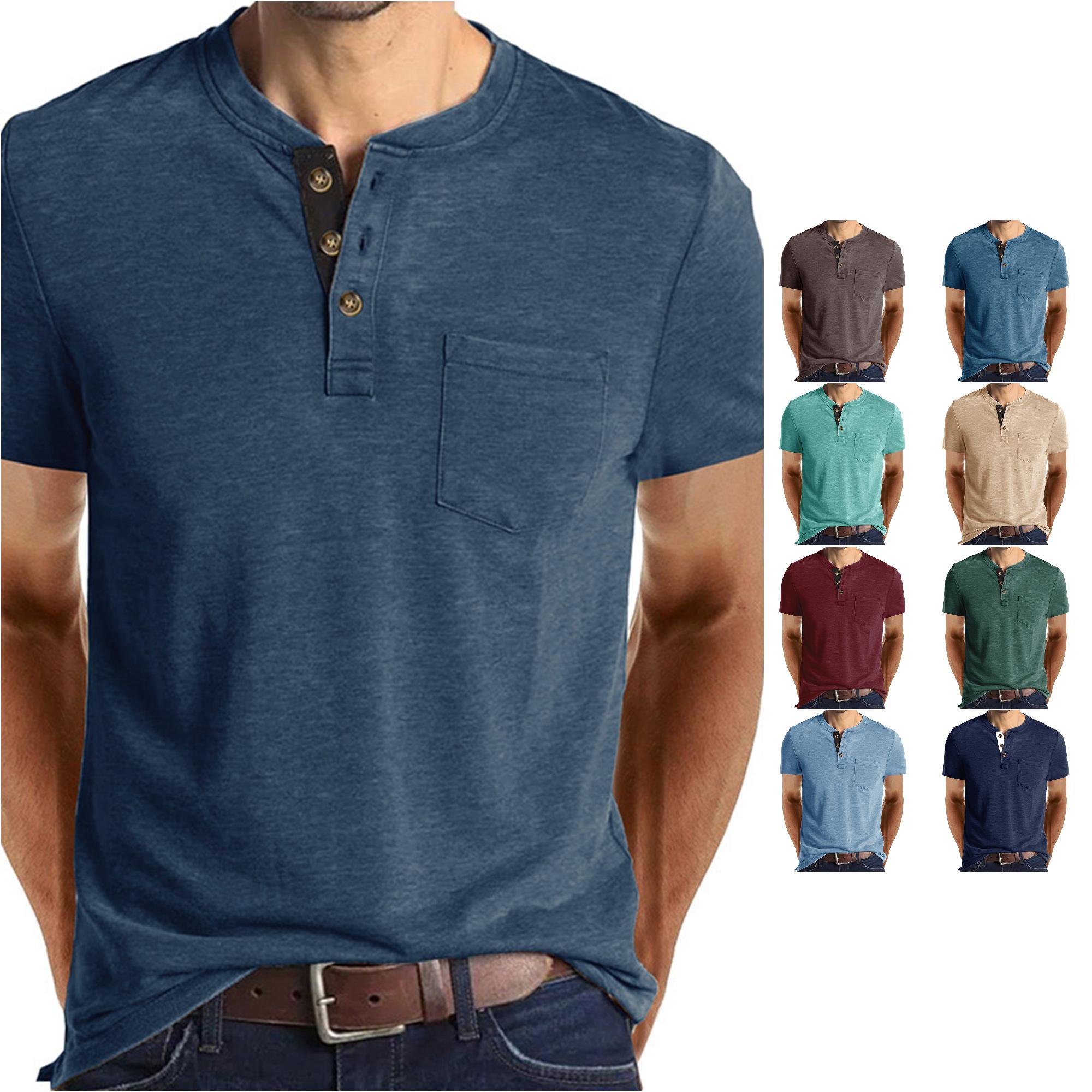 Male Spring And Summer Business Casual Travel Buttons O Neck Solid Color T Shirt Short Sleeve Top Blouse T Shirt Yarn XL