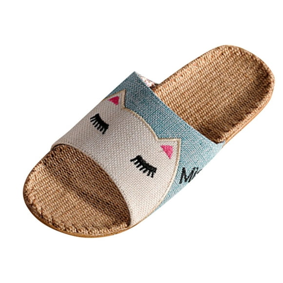jovati Women Men Summer Cartton Cat Flax Linen Flip Flops Beach Shoes Sandals Slippers