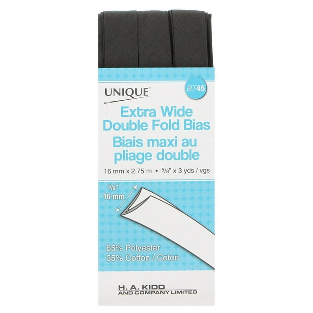UNIQUE Biais très large à plis doubles — gris foncé, 15–16 mm × 2,75 m, polycoton