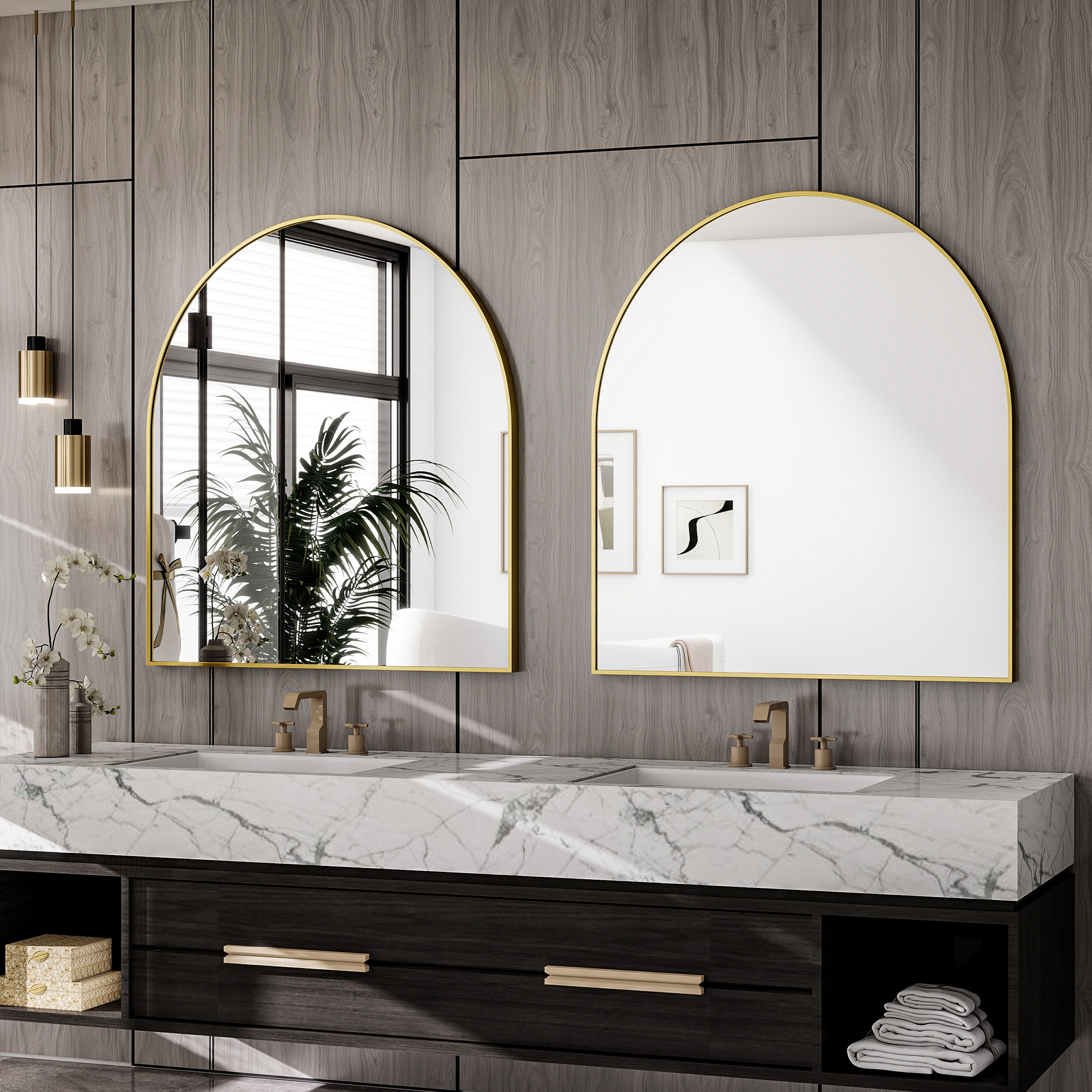 Gleamira 30"x38" Arched Bathroom Mirror Wall Mounted with Metal Frame, Gold