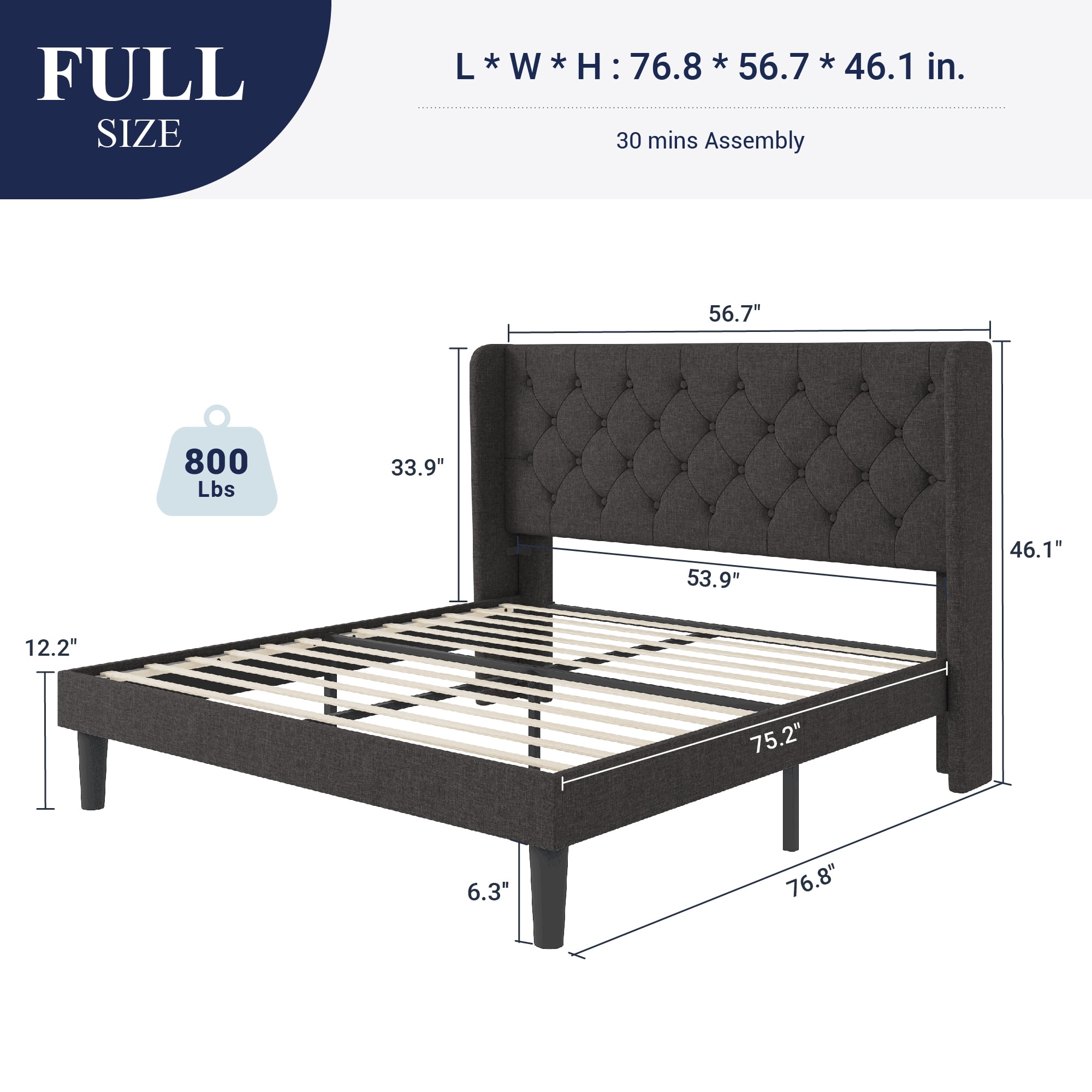 Allewie Full Size Upholstered Platform Bed Frame with Fabric Wingback Button Tufted Headboard, Dark Grey