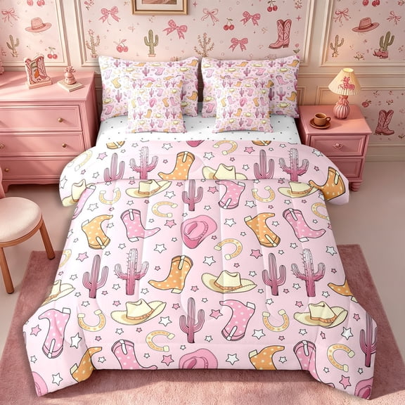 Manfei Western Kawaii Boots Hats 7-Piece Twin Bedding,Cute Cactus Horseshoe Bedding Comforter Set,Light Pink Peach
