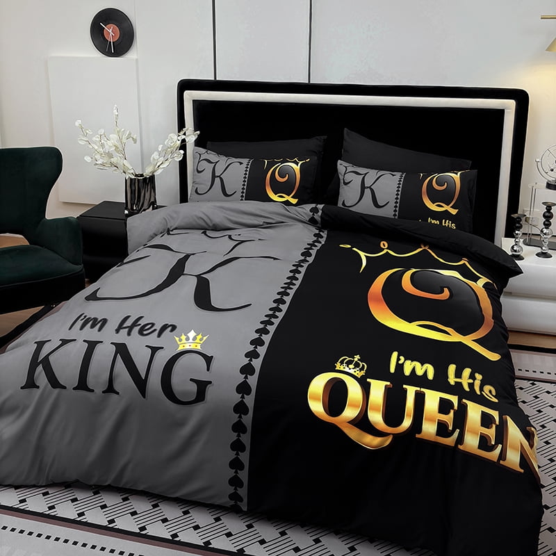 3PCS Duvet cover Set The soft (1 Duvet cover + 2 Pillowcases without Pillow covers), Features high-definition digital printing of crown and letter patterns in a stylish black and gray color scheme.