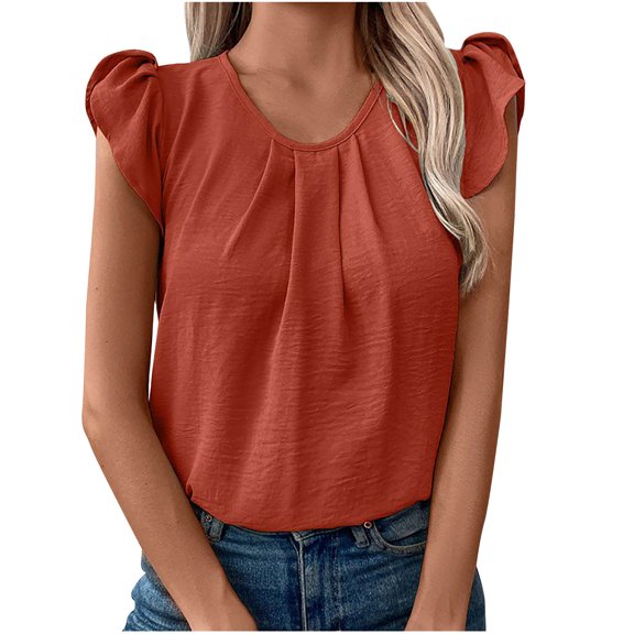 ZyeKqe Dressy Casual Tops for Women Ruffle Cap Sleeve Work Shirts Crewneck Pleated Business Blouses