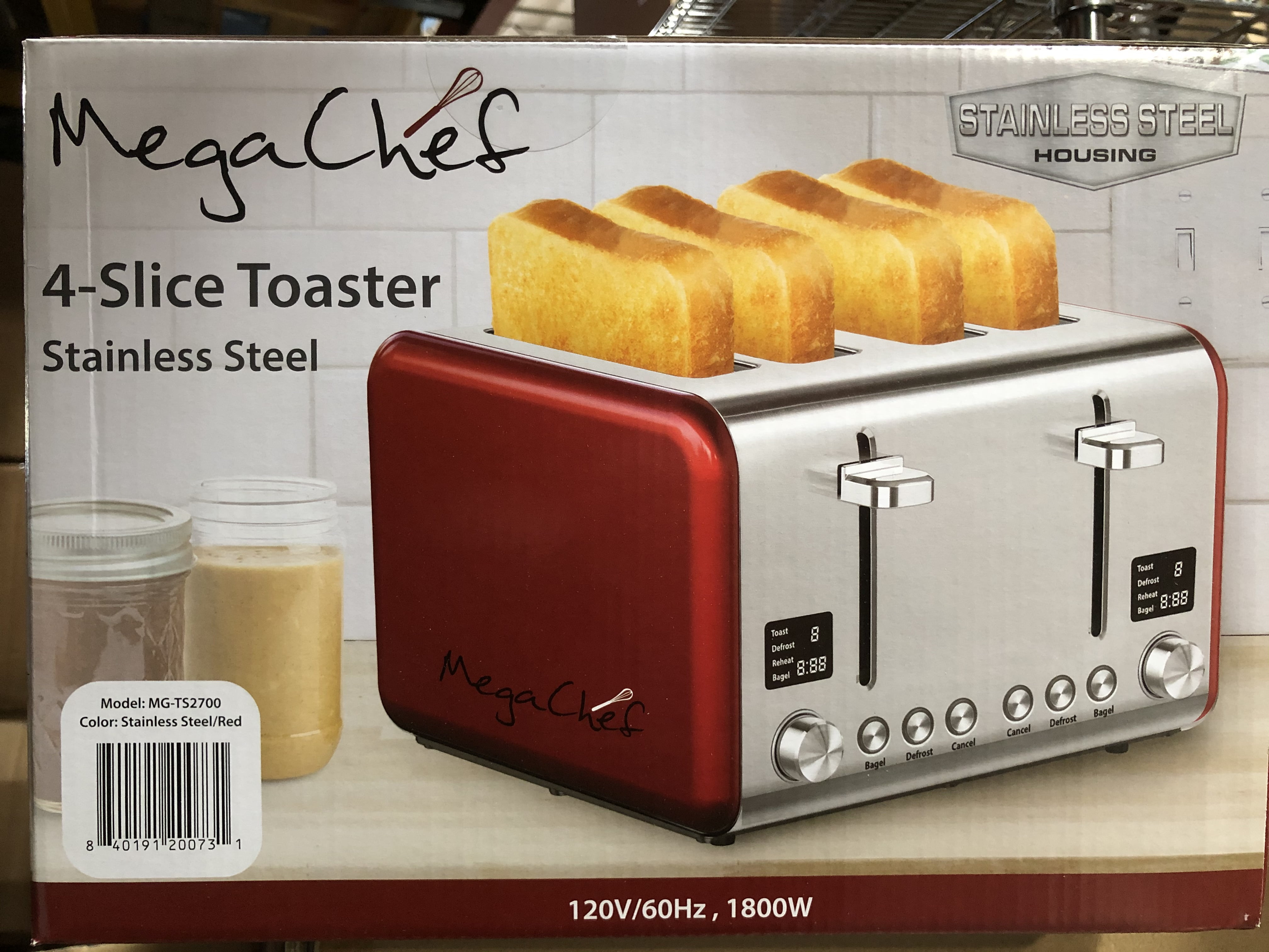 MegaChef 4 Slice Stainless Steel Toaster - Red