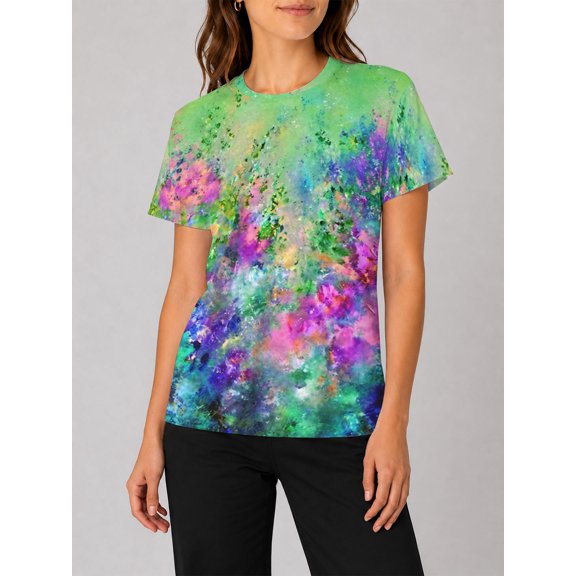 Women's Casual Crewneck T-Shirts Short Sleeve All-Over Abstract Wildflower Summer Tee Shirts
