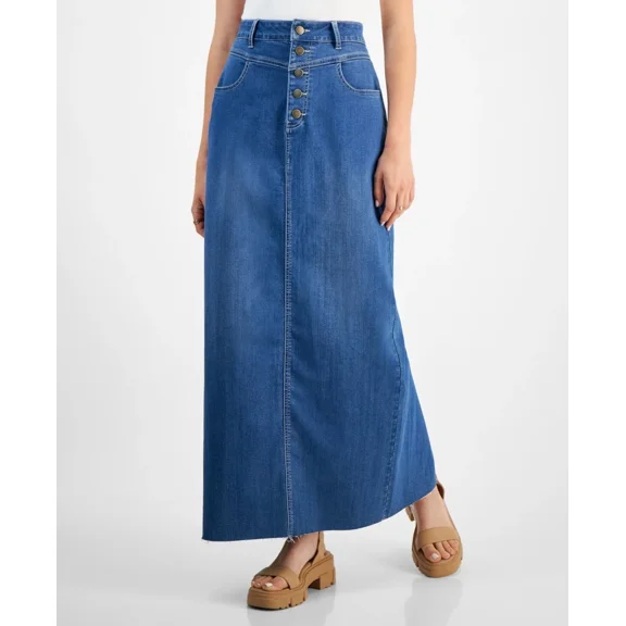 Tinseltown Juniors' Button-Fly Seam-Yoke Maxi Skirt - Vintage Light Wash, Size 9