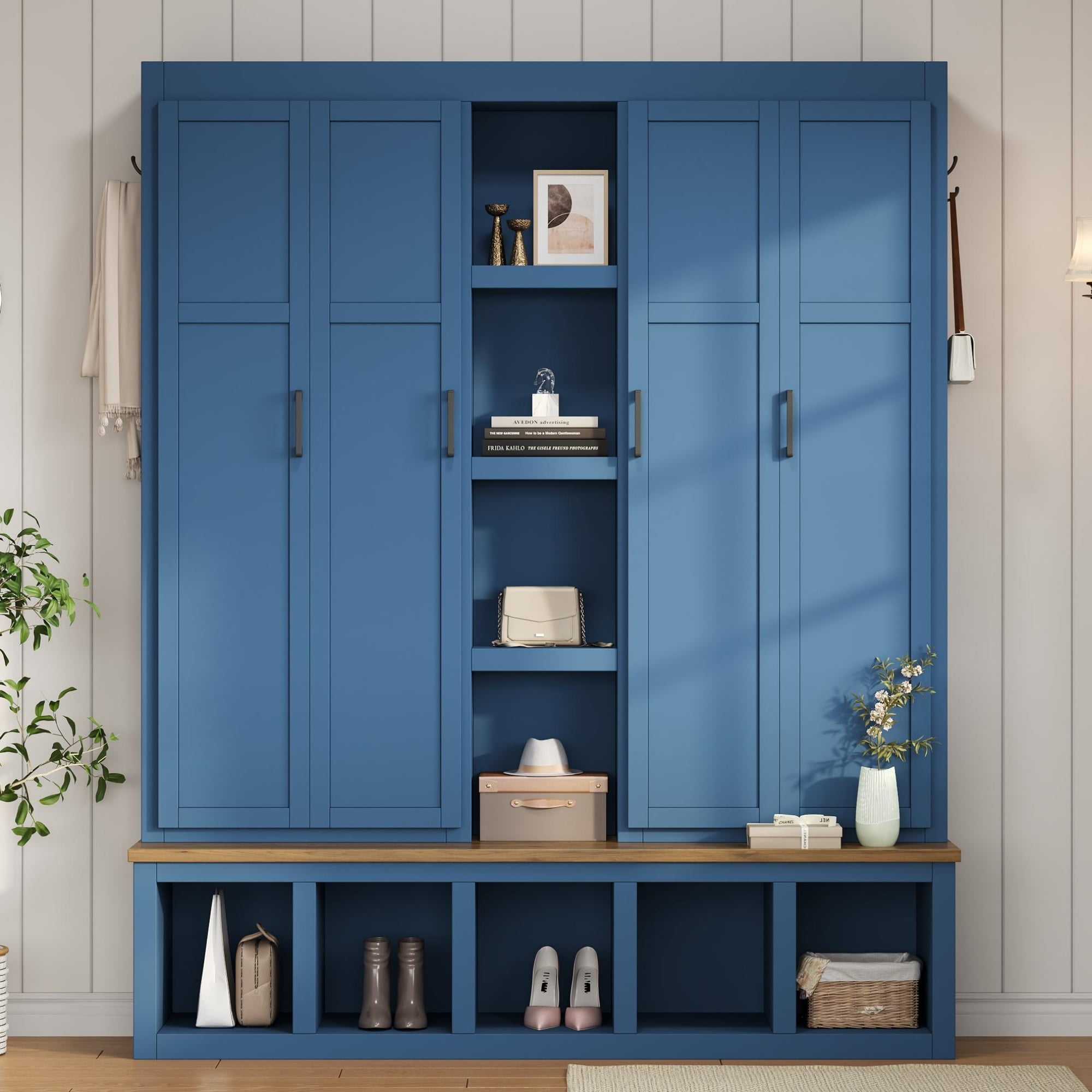Euroco Modern Farmhouse Hall Tree – 4-in-1 Entryway Bench with Cabinets, Hooks & Shoe Storage, Wood-Grain Finish, Handles, Anti-Tip Safety
