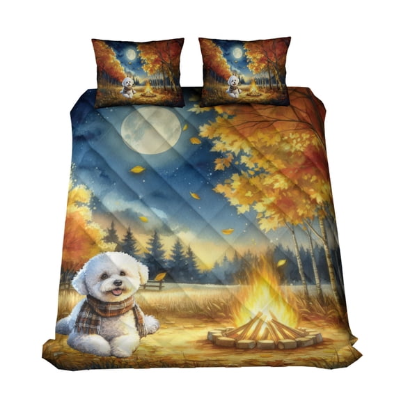 Hello Fall Bichon Frise Enjoys Warm Campfire Autumn Night Bright Moon Quilt Bedding Set Bichons Dog Lovers Gifts Idea 1 Blanket Bed Cover 2 Pillowcases - 01008