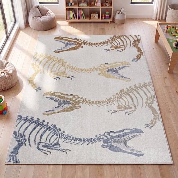 JONATHAN Y KIDS WASHABLE Kingdarr T-Rex Kids Area Rug, 4 x 6, Cream/Multi