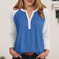 thumbnail image 2 of larppty Womens Long Sleeve Tops Color Block Button V Neck T Shirts Loose Fit Tunic Blouses (Blue, XL), 2 of 5