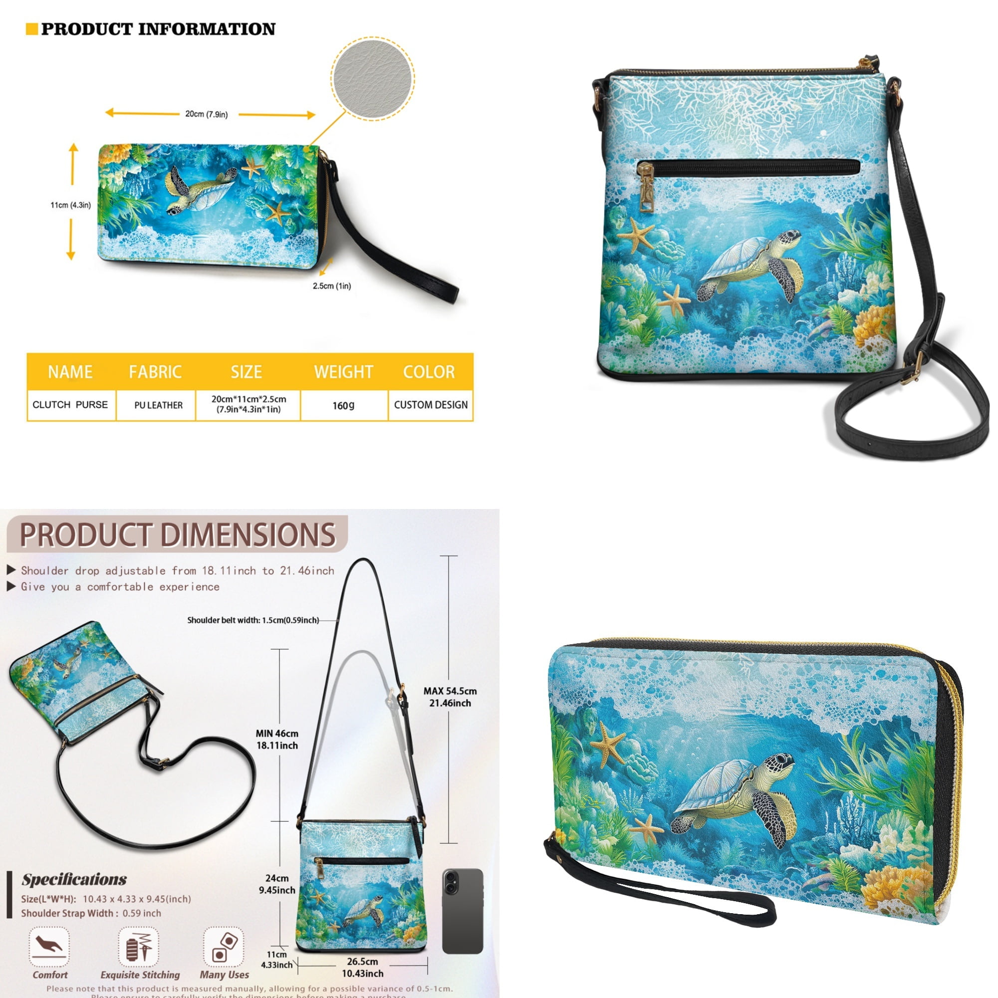 ZUXONGSY Turtle Sea Coral Print Large PU Leather Crossbody Bag & Wallet Set for Women, Stylish Satchel with Adjustable Shoulder Strap for Travel & Shopping