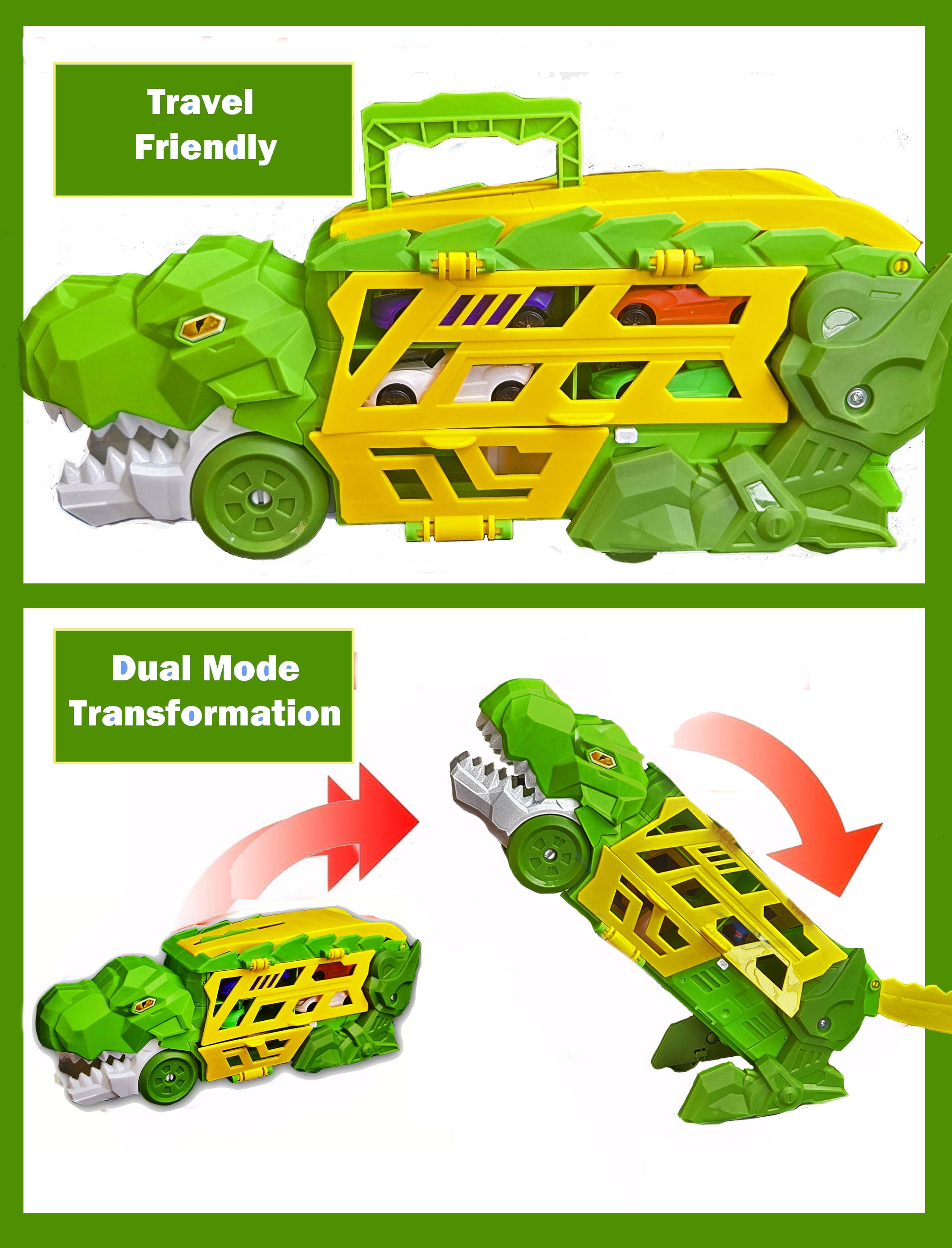 Dinosaur Transporter Truck Toy Combo – Set of 2 (Blue & Green) with 8 Die-Cast Cars – Dino Launcher & Slide-Out Track – Race Playset for Kids Ages 3+