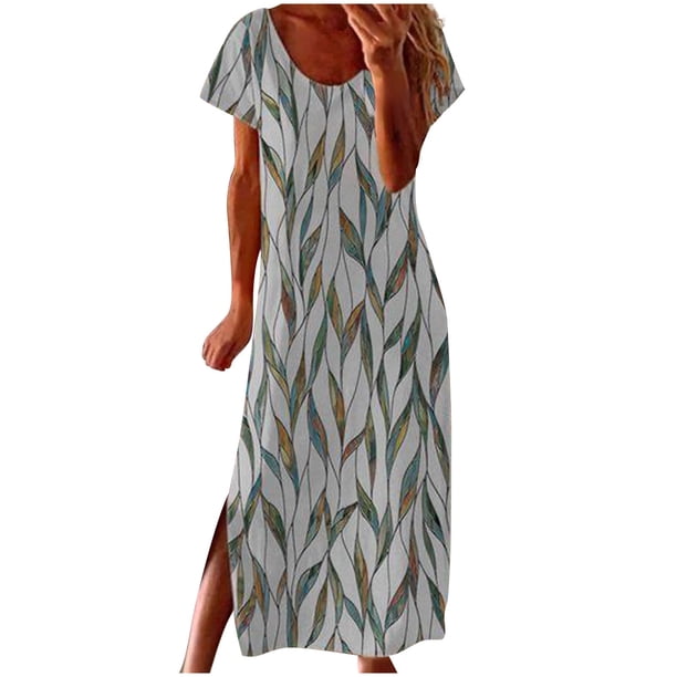 Vestido largo de playa para mujer con estampado de verano bohemio de manga corta con volantes Pompotops ghjkhdj10909